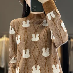 Autumn and Winter Fashion Trend Colored Rabbit Pattern Half High Neck Thickened Loose Versatile Western Women's Knitted Sweater