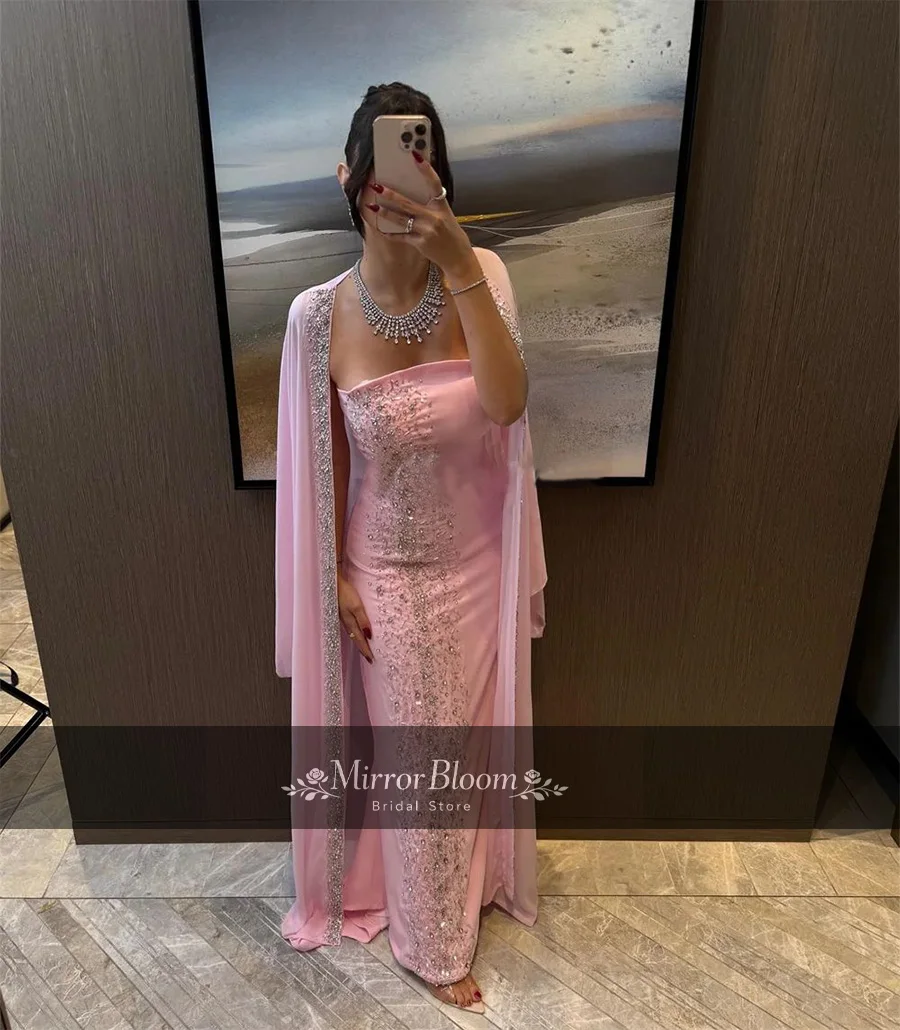 

Elegant Pink Muslim Evening Dress Women Beaded Cape Sleeve Strapless Formal Prom Gown Luxury Satin Train Wedding Gown Customized