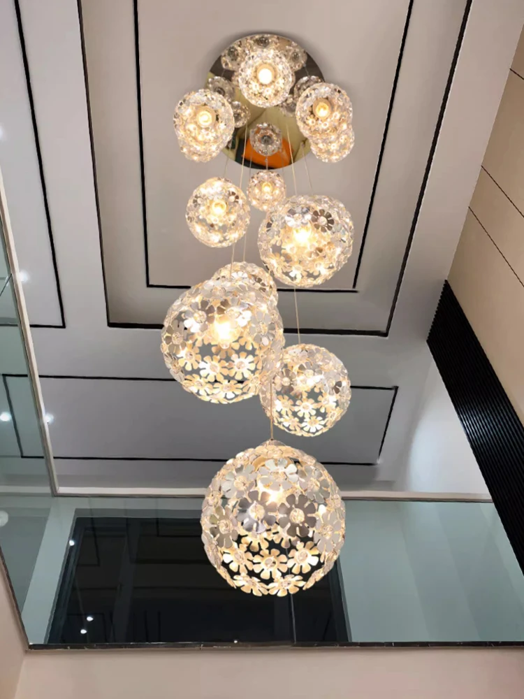 

Rotating Staircase Pendant Lights Luxury Floral Creative Crystal Lighting Duplex Villa Loft Stairs Long Modern Indoor Chandelier