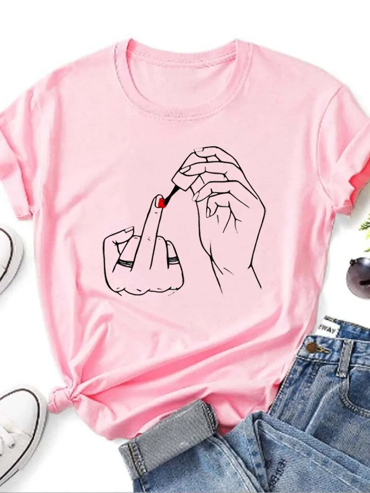 Women Middle Finger Nail Polish Prints T Shirt Summer Comfortable Soft Short Sleeve O-Neck Tops Casual Female Clothes