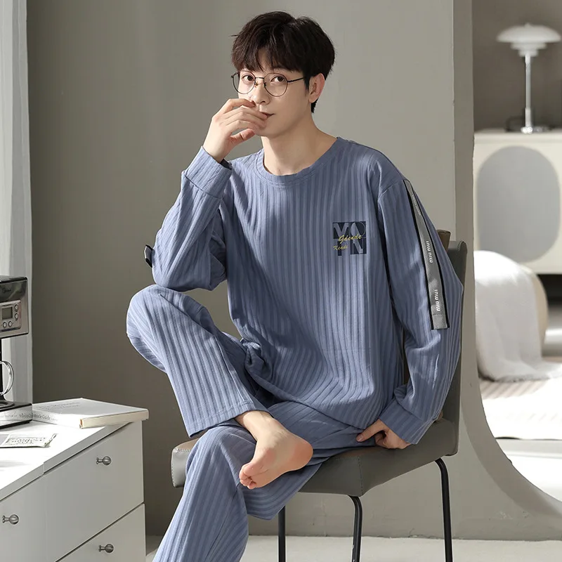 2024 New Men's Pajamas Cotton Long Sleeved Pants Set Simple and Fitting Casual Youth Home Wear in Spring and Autumn pyjama homme