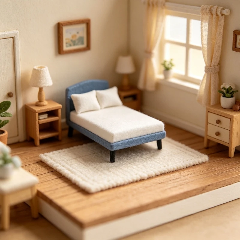 

1:12 Scale Wooden Double Bed Doll House Miniature Furniture Model Figurine For Realistic Bedroom Scene Decoration A2UB