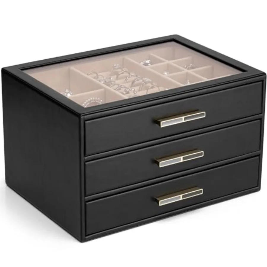 

Шкатулка для драгоценностей для женщин, стеклянная крышка, органайзер для ювелирных изделий с 3-мя ящиками для ожерелий, колец, серег, браслетов - черный