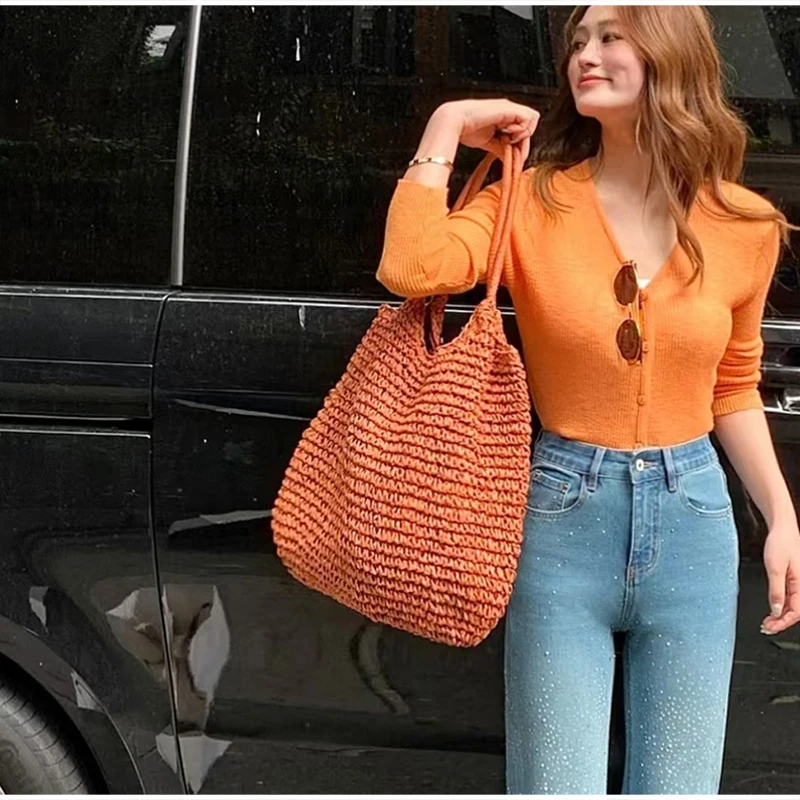 Vintage Einfarbige Gewebte Schultertasche, Minimalistische Casual Pendler-Handtasche für Frauen, Sommer Strand Handgefertigte Leichte Tasche – Detail 10