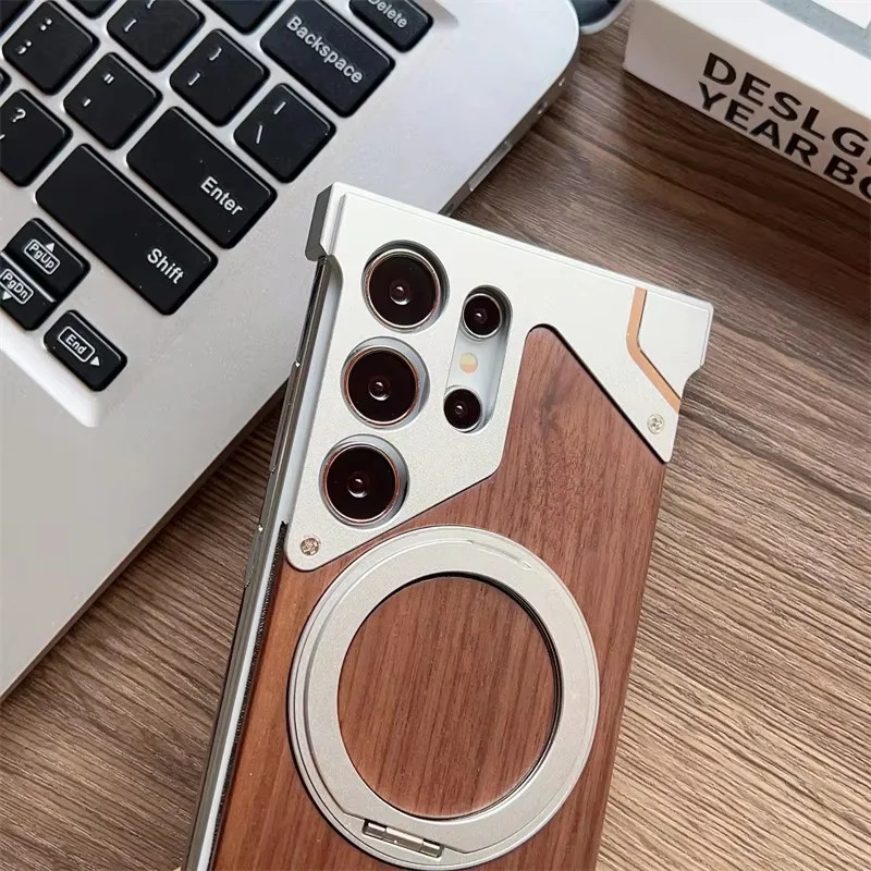 for Samsung Galaxy S24 S23 S22 S25 Ultra Magsafe Magnetic Holder Aluminum Alloy Frame Wooden Hard Mobile phone protective cover