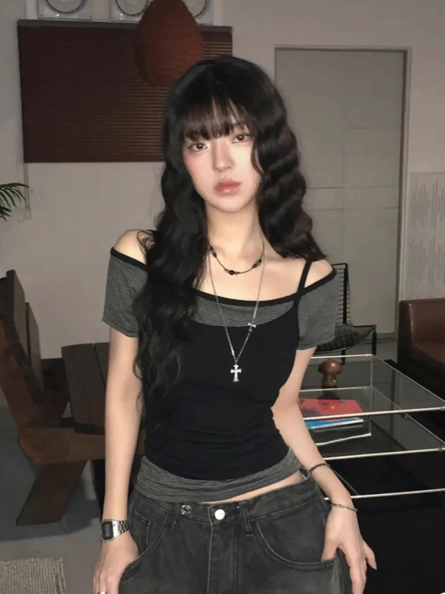 Y2k Retro Striped Patchwork Two-piece Stacked Top American Spicy Girl Sexy One Shoulder Contrasting Color T-shirt