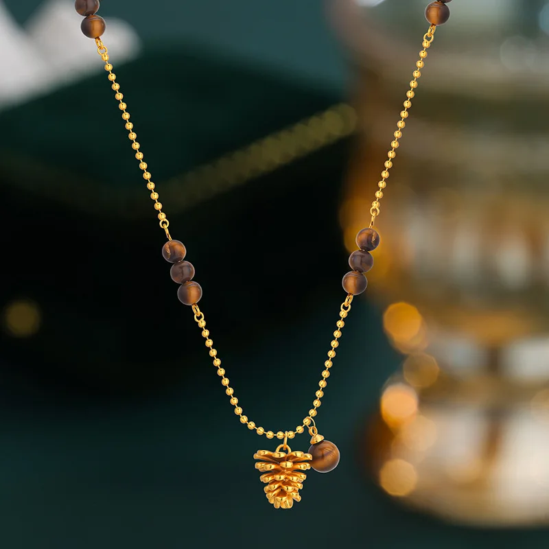 Bracelet Hand String Autumn And Winter Vintage Pine Cone Pendant Imitation Tiger Eye Necklace Accessories Maillard Light Luxury 3
