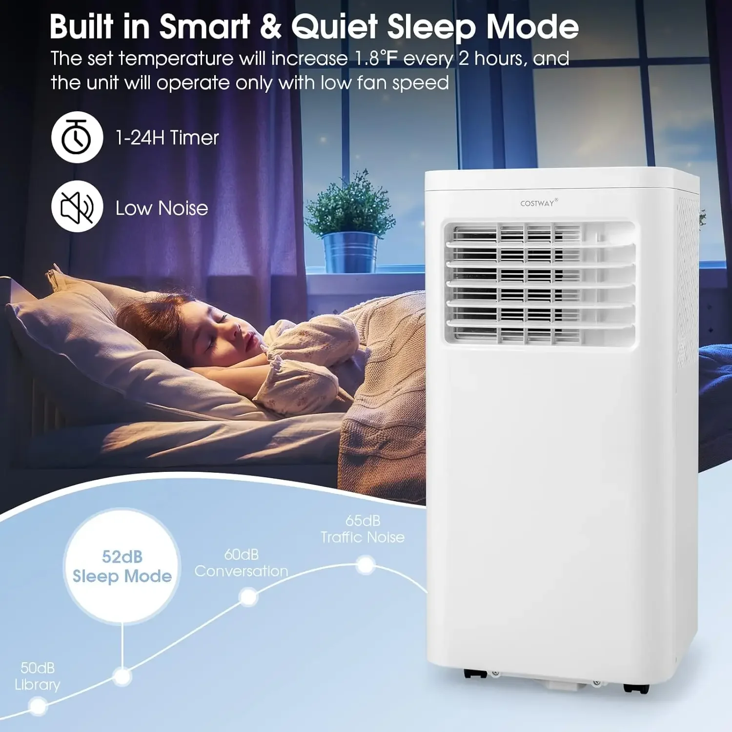 Climatiseur portable avec télécommande, unité AC 8000 BTU, aquarelle intégrée, mode ventilateur, mode veille, minuterie 24h