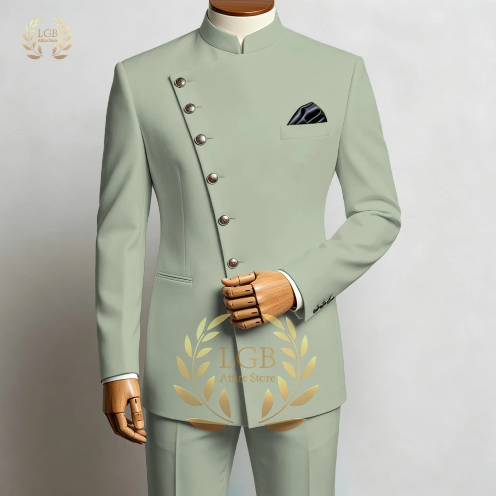 Men's Stand Collar Asymmetrical Button Suit Set Formal Wedding Business Two Piece Outfit Elegant Groom Attire