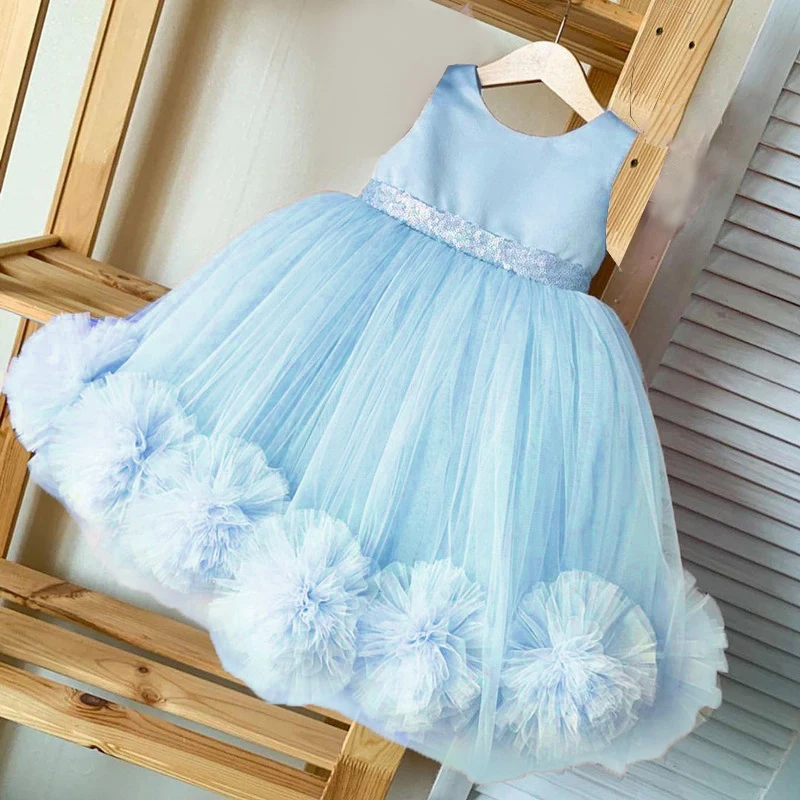 Fluffy Lace Flower Trailing Party Girls Dresses For Kids White Bow Birthday Wedding Princess Dress Bridesmaids Evening Ball Gown