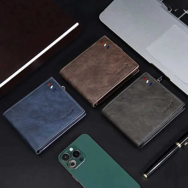 

2024 New Short Vintage Men Wallets Slim Card Photo Holder Male PU Leather Wallet Small Classic Zipper Coin Pocket Square Purses