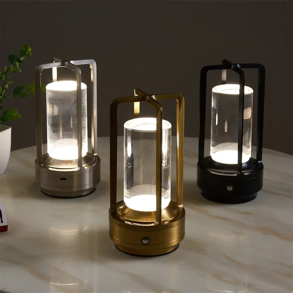 Type-C Touch Dimming Rechargeable Hand Held Lantern Crystal Light Aluminum Glass Table Lamp