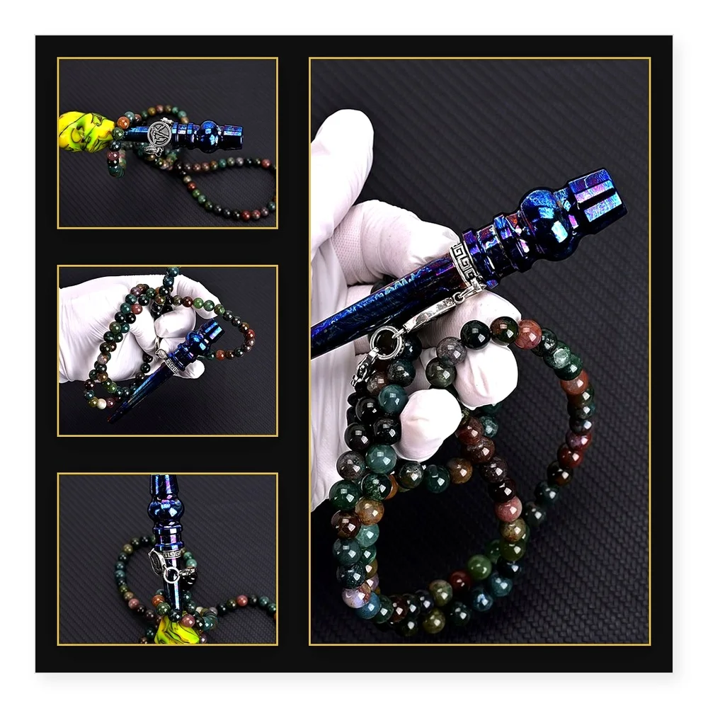 Portable Arab Shisha Mouthpiece with Titanium Blue Cigarette Holder and Green Stone Bead Chain - Hookah Accessories