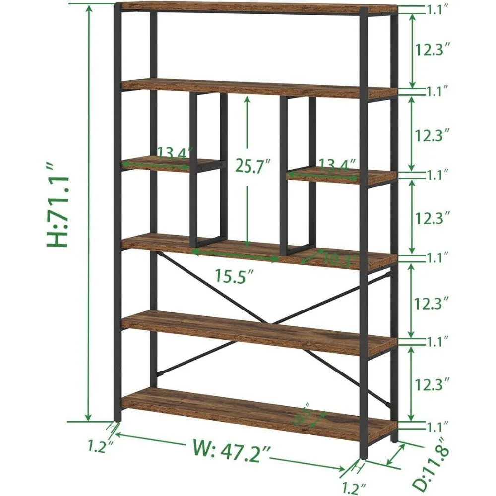 Metal Wood 6 Tier Bookshelf and Book Rack Storage, Large Book Shelf for Bedroom Living Room, Brown