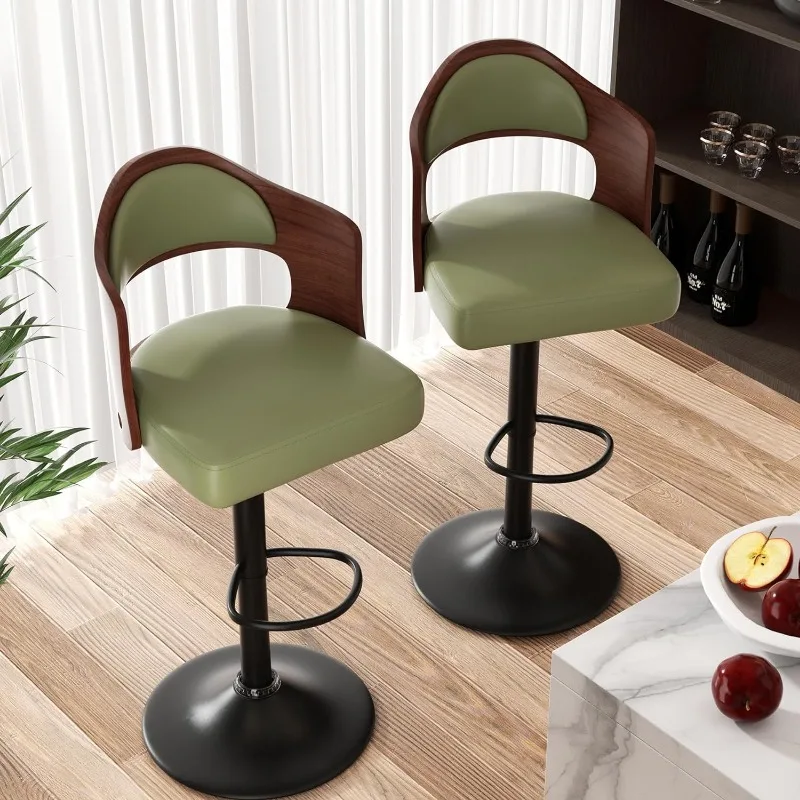 Bar Stools Set of 2 Seat Adjustable Height 24.5-33.5IN, Wooden Barstools PU Leather Upholstered Bar Chairs with Back & Footrest