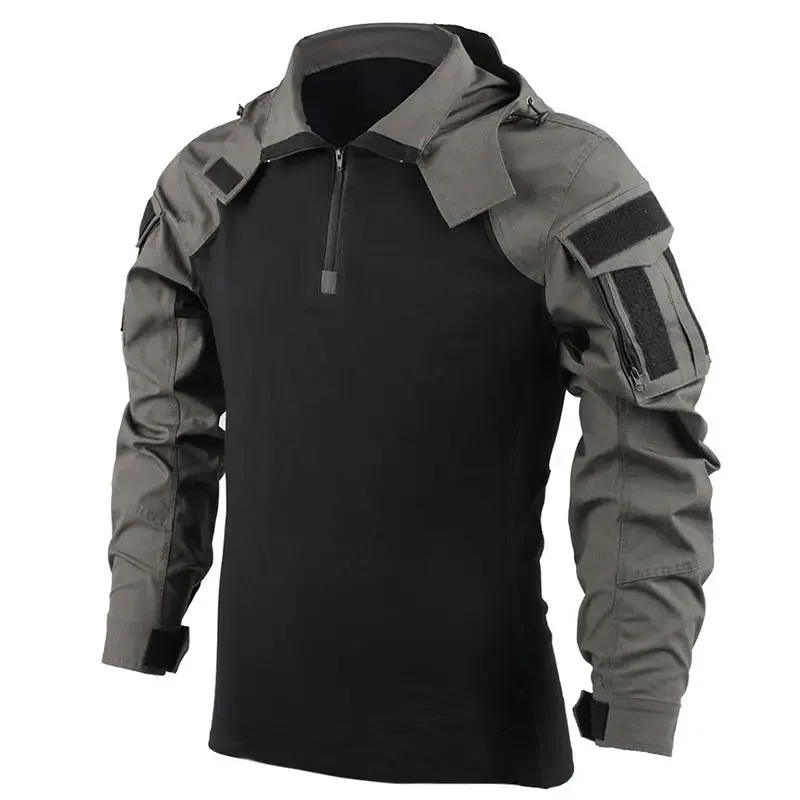 Outdoor Shirts Camo Combat T-Shirt Hooded Men Tactical Shirt Airsoft Paintball Training Hiking Hunting Clothing Wear-resisting