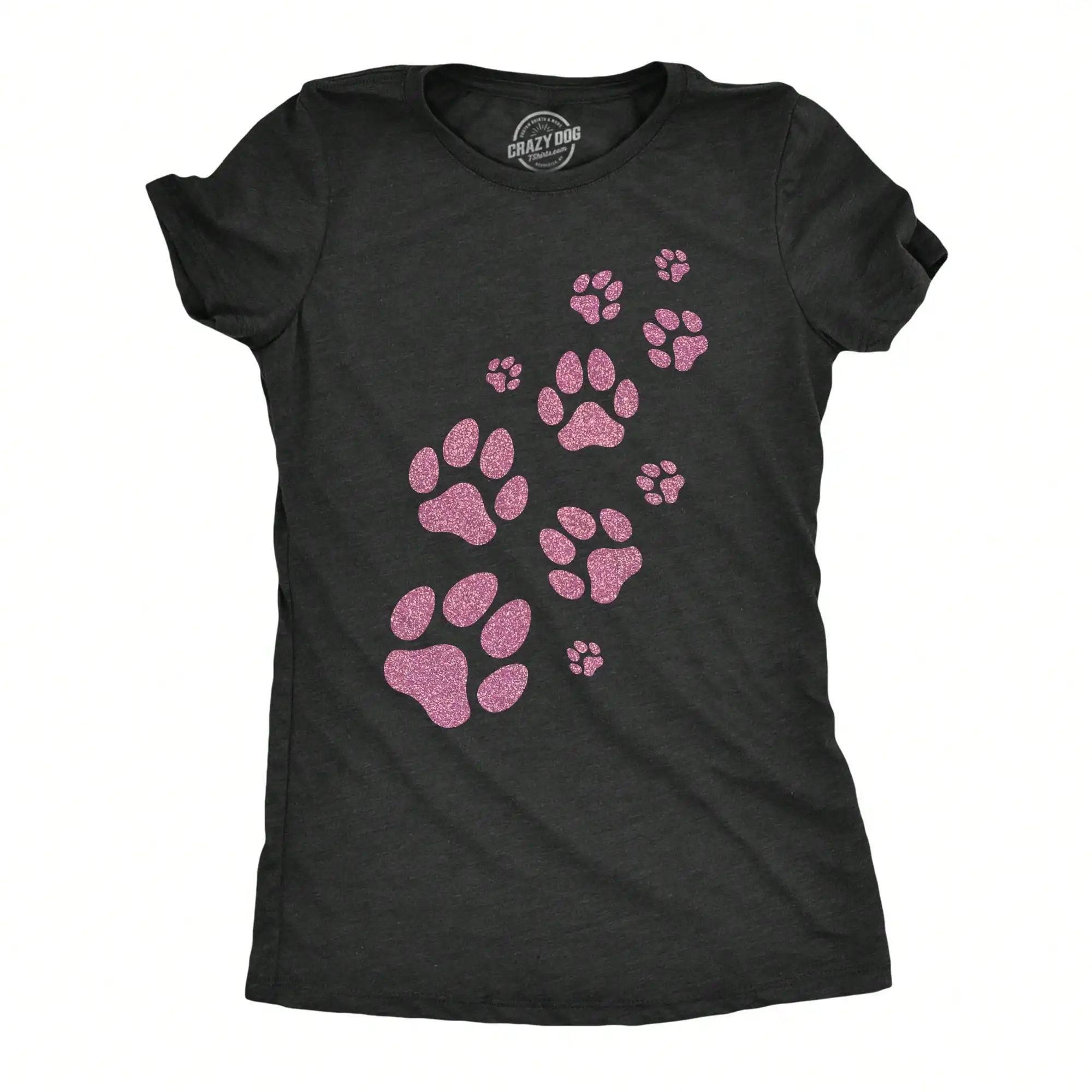 

Women's Black T-Shirt with Pink Glitter Paw Print Graphic Design