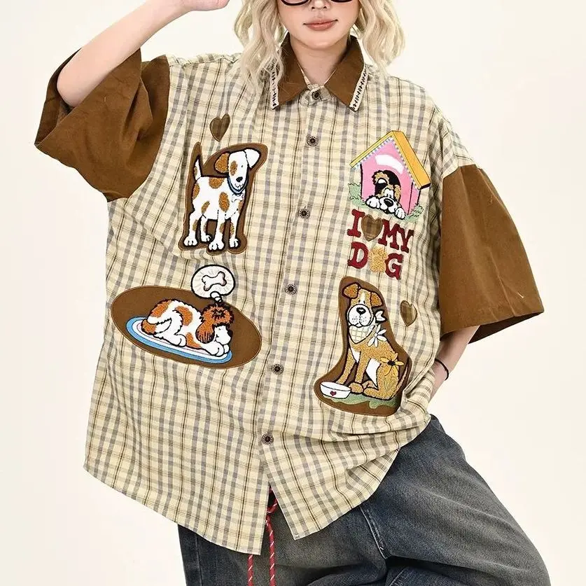 

Checked Cartoon Short-Sleeved Shirt For Women In Spring New Loose Bf American Street Top
