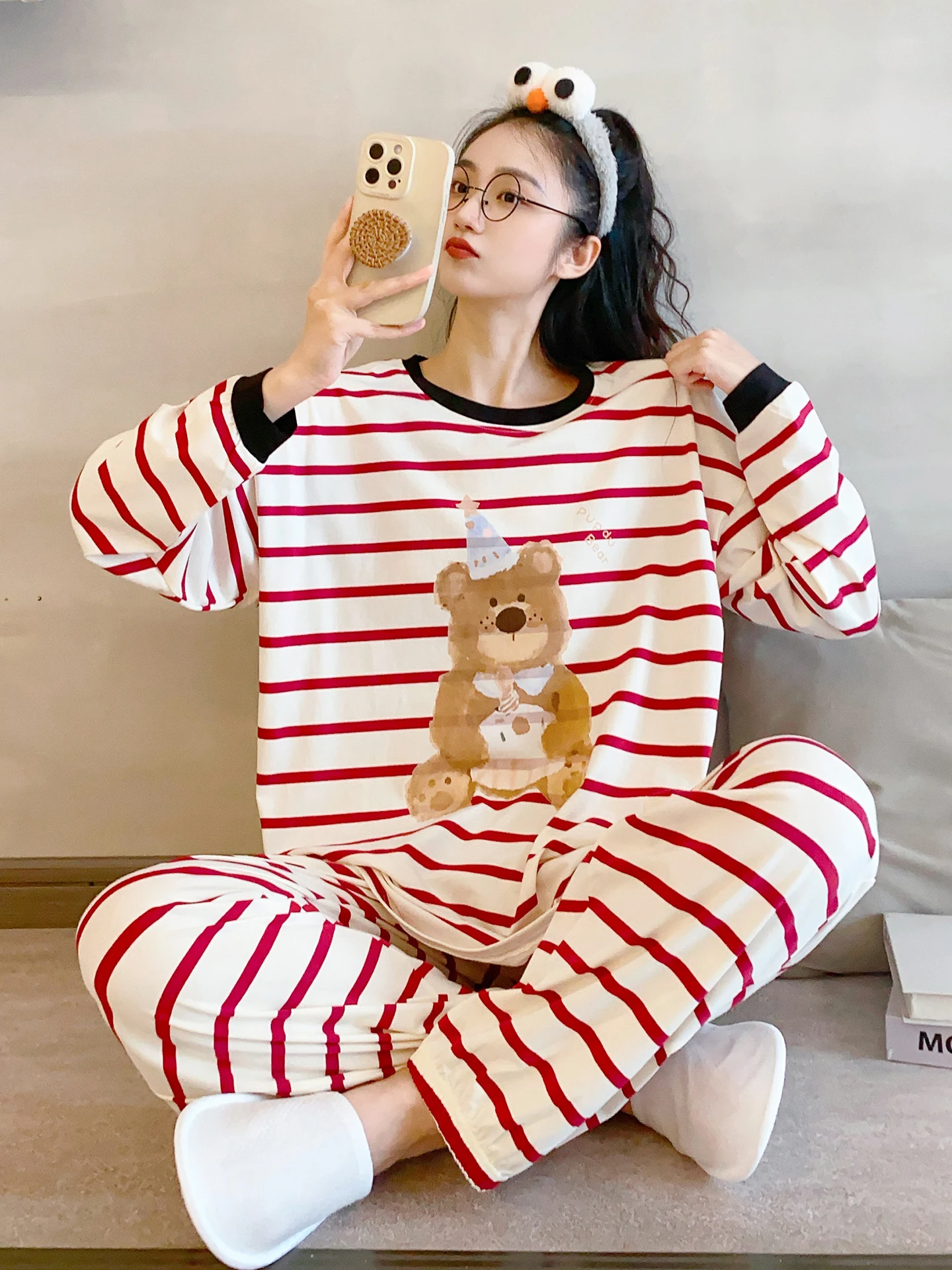 pyjama-a-manches-longues-a-rayures-ours-pour-femme-vetements-d'interieur-amples-et-decontractes-en-pur-coton-fin-pour-l'automne-col-rond-tissu-doux