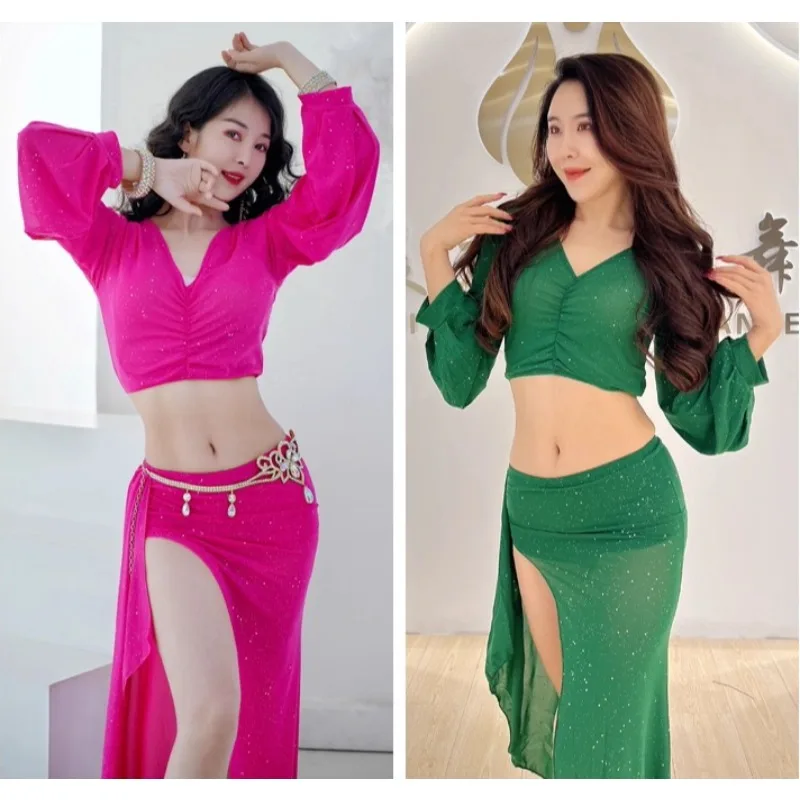 Customized Belly Dance Costumes Solid Color Mesh Long Sleeve Top Split Skirt Shining Set Oriental Dance Skirt Practice Dress