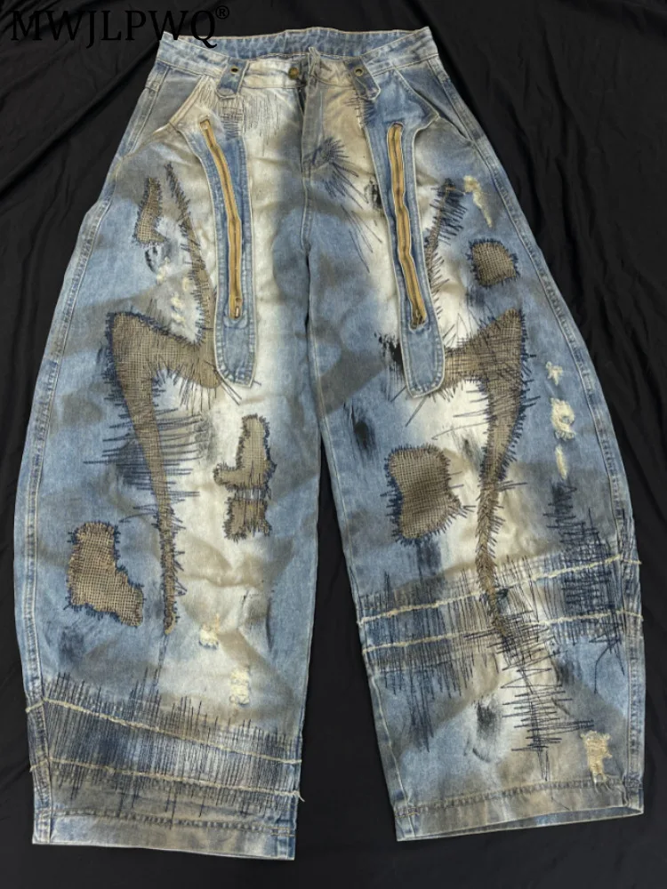 MWJLPWQ American Heavy-Duty Distressed Printed Jeans Men's Zipper Ribbons Retro Washed Wide-Leg Pants Dirty Wash Trousers 21426