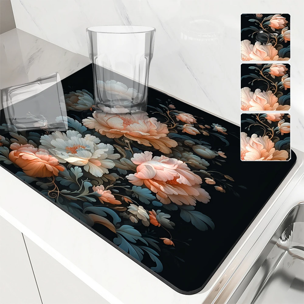 

Большой коврик для детской посуды, нескользящий коврик для сушки кофейной посуды с масляным рисунком пионов, Быстросохнущий коврик для ванной комнаты, коврик для посуды