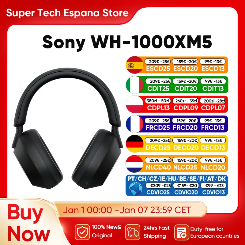 Casque antibruit sans fil WH-1000XM5 Sony, batterie de 30 heures, cuir souple, processeur intégré V1 4 microphones, noir