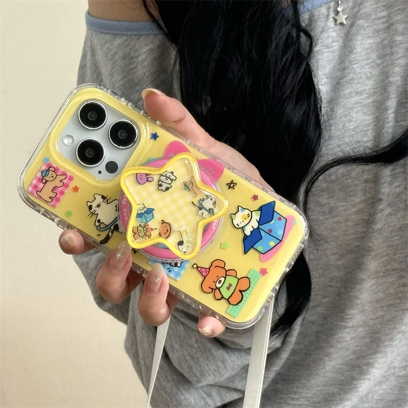 

Korean Cute Star Magnetic Stand Holder Phone Case For iPhone 16 Pro 15 13 14 Pro Max Cover Shockproof Cases Girls Funda 16Pro