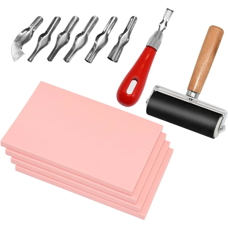 

PORK-Pink Linoleum Blocks With Cutter Tools 4 Pack Rubber For Stamp Carving Blocks For Stamp Maker
