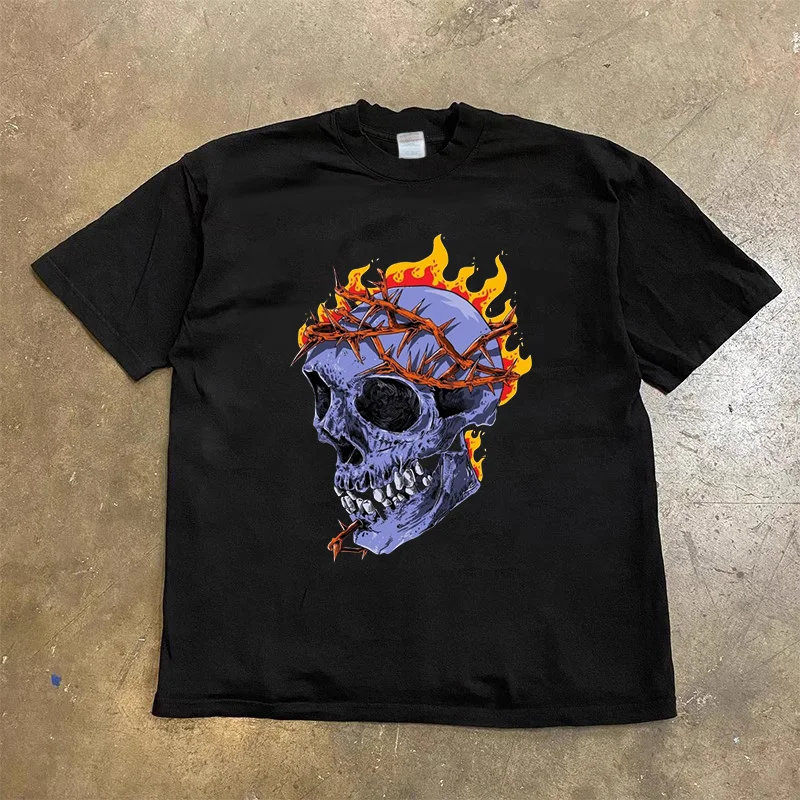 

American Fashion Loose Street Skull Retro Creative Printed T-shirt Men Men Women Women Short Sleeve Y2k Top Large T-shirt