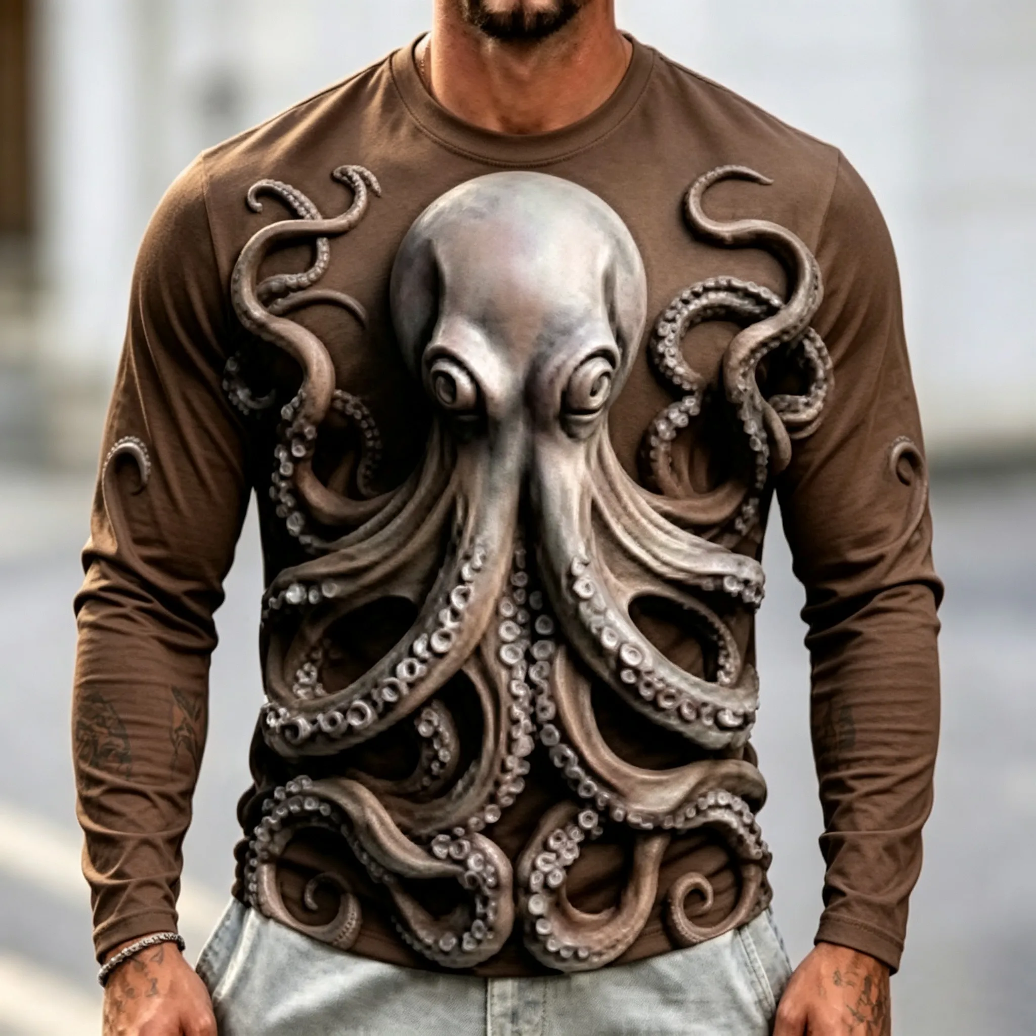 Men's Long Sleeve T-Shirt 3D Stereo Octopus Print Ocean Creature Casual Crew Neck Street Tops