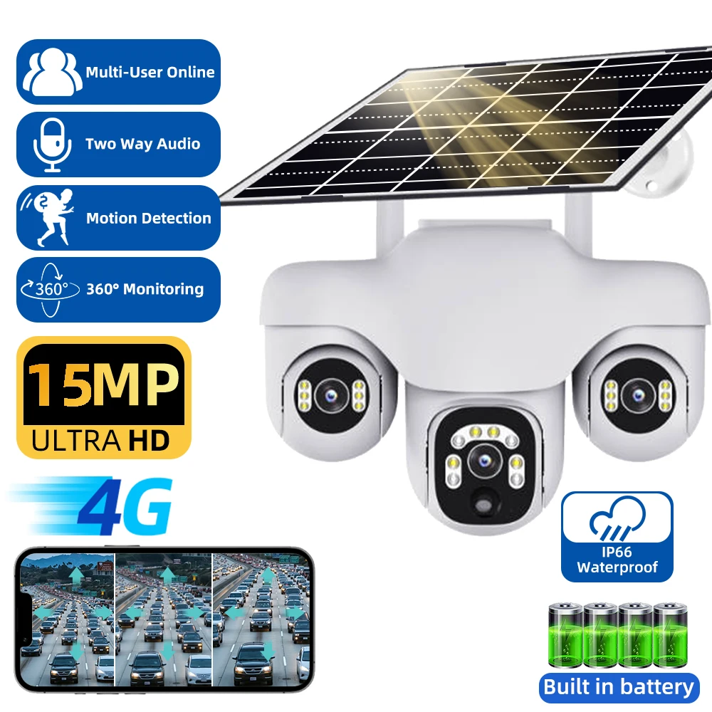 

V380 PRO Солнечная камера с тремя объективами PTZ 4G HD 15MP Уличная водонепроницаемая двусторонняя аудиокамера ночного видения с отслеживанием движения IP-видеонаблюдение