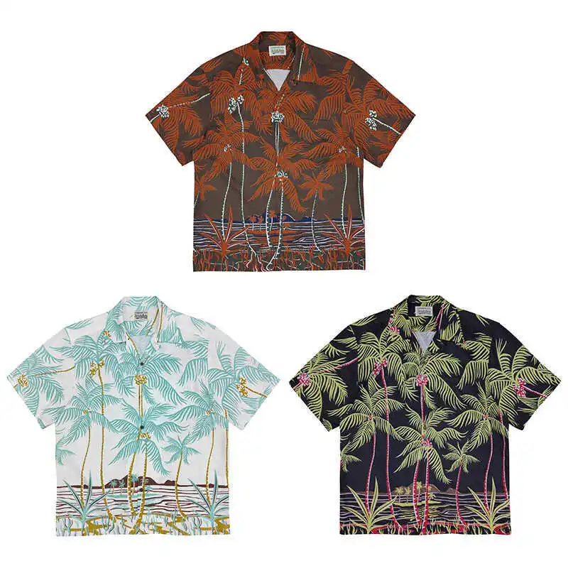 Wacko Maria Palm Tree Full Print Shirt - Street-Look Loose Hawaiian Vacation Style Short-Sleeved T-Shirt for Men