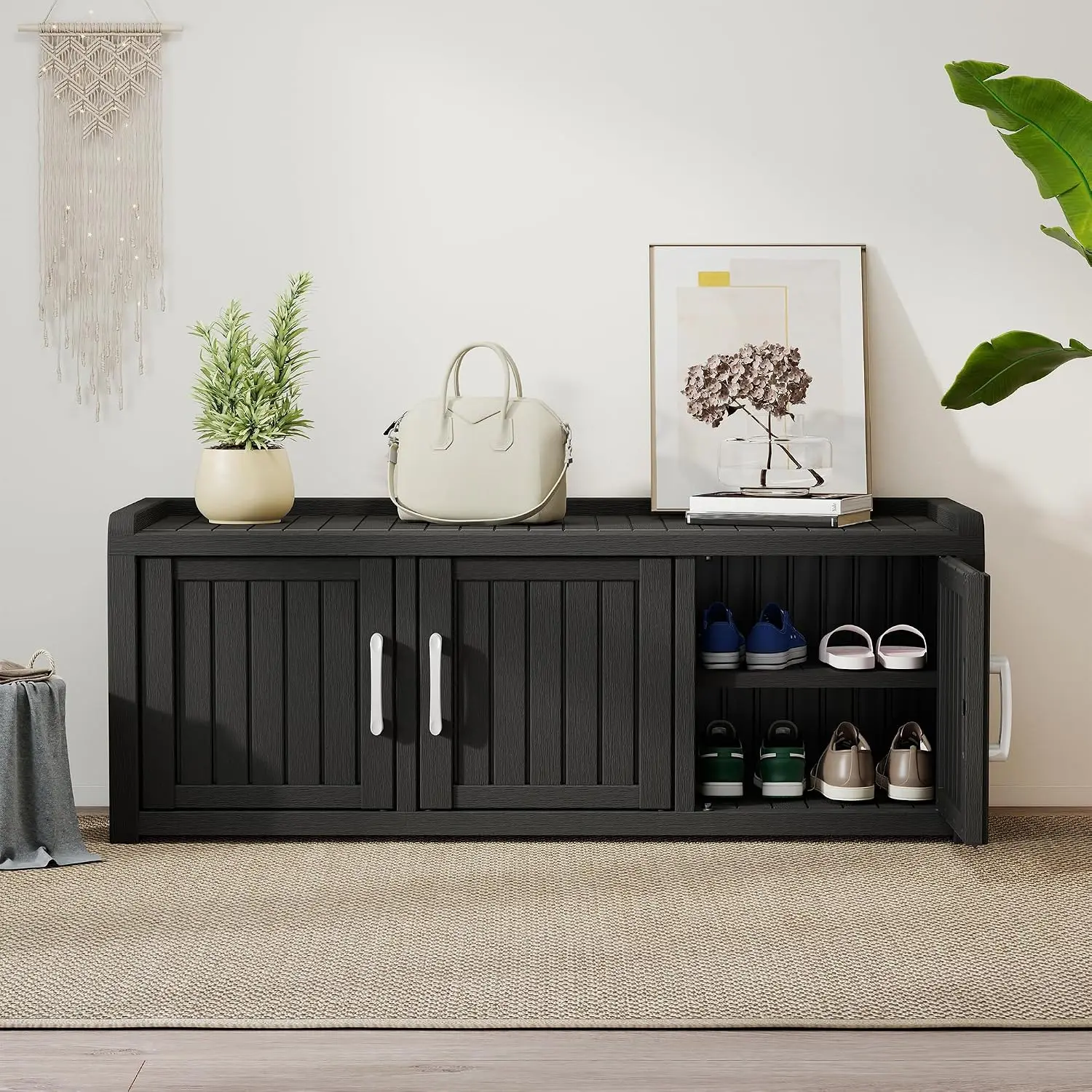 Two Tier Outdoor Shoe Storage Bench Waterproof UV Resistant Entryway Storage Cabinet Cabinet Storage Organizers Adjustable Shelves Furniture Bench For Living Room Classic Black