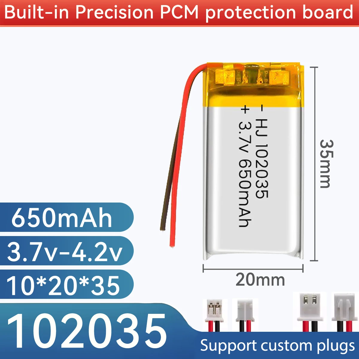102035 3.7V 650mAh Lithium Lipo Li-ion Polymer Battery for 402035 502035 602035 702035 802035 902035 PH2.0 XH2.54 JST1.25mm-2P