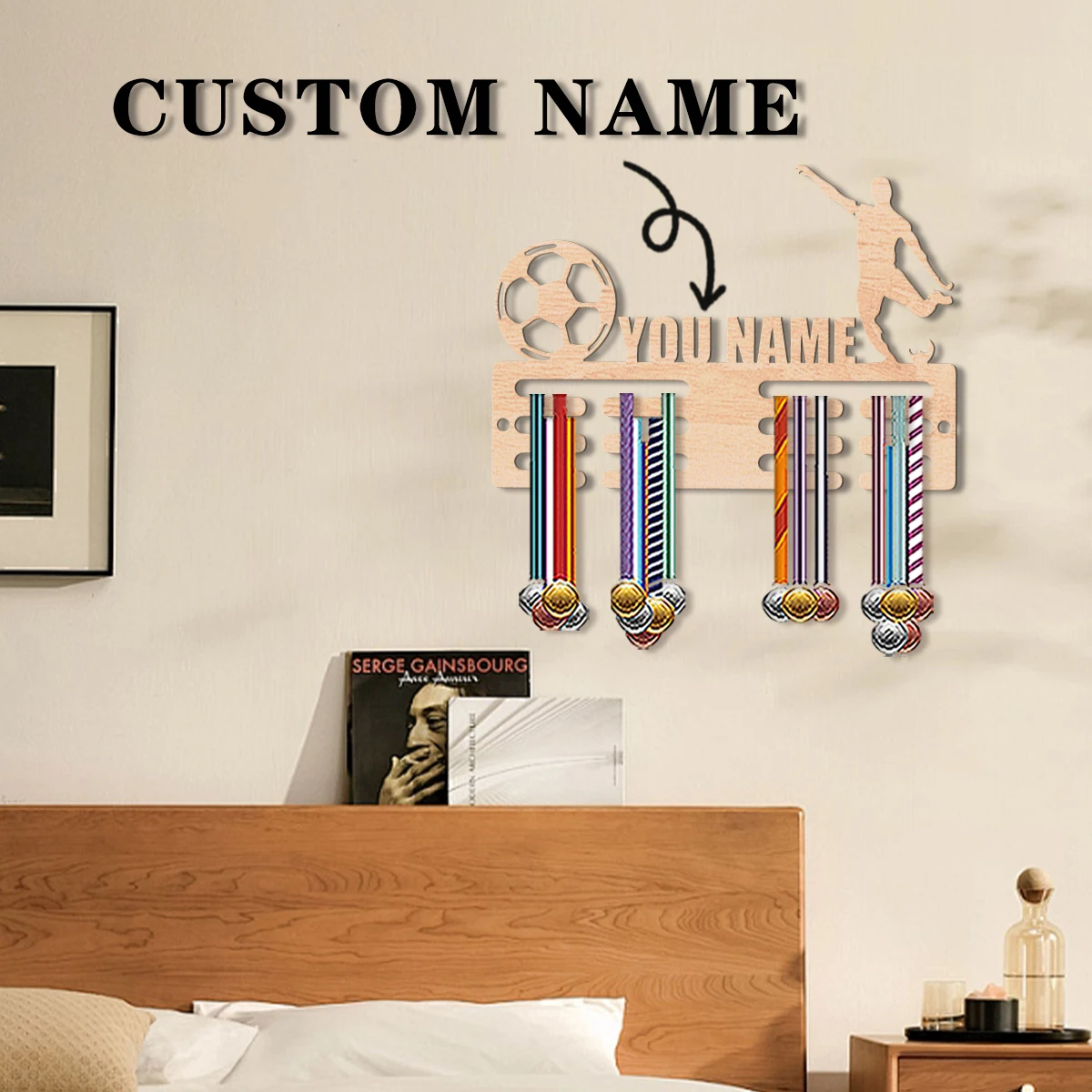 1pc Custom Football Wooden Medal Hanger, Personal Medal Display Rack for Athletes, Ideal Wedding Birthday Gift for Family Friend - view 2