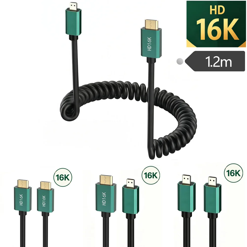 16K HDMI Coiled Spring Cable 1.2m Micro HDMI Male to Mini HDMI Male Gold Plated for Camera Monitor Double Micro/Mini HDMI