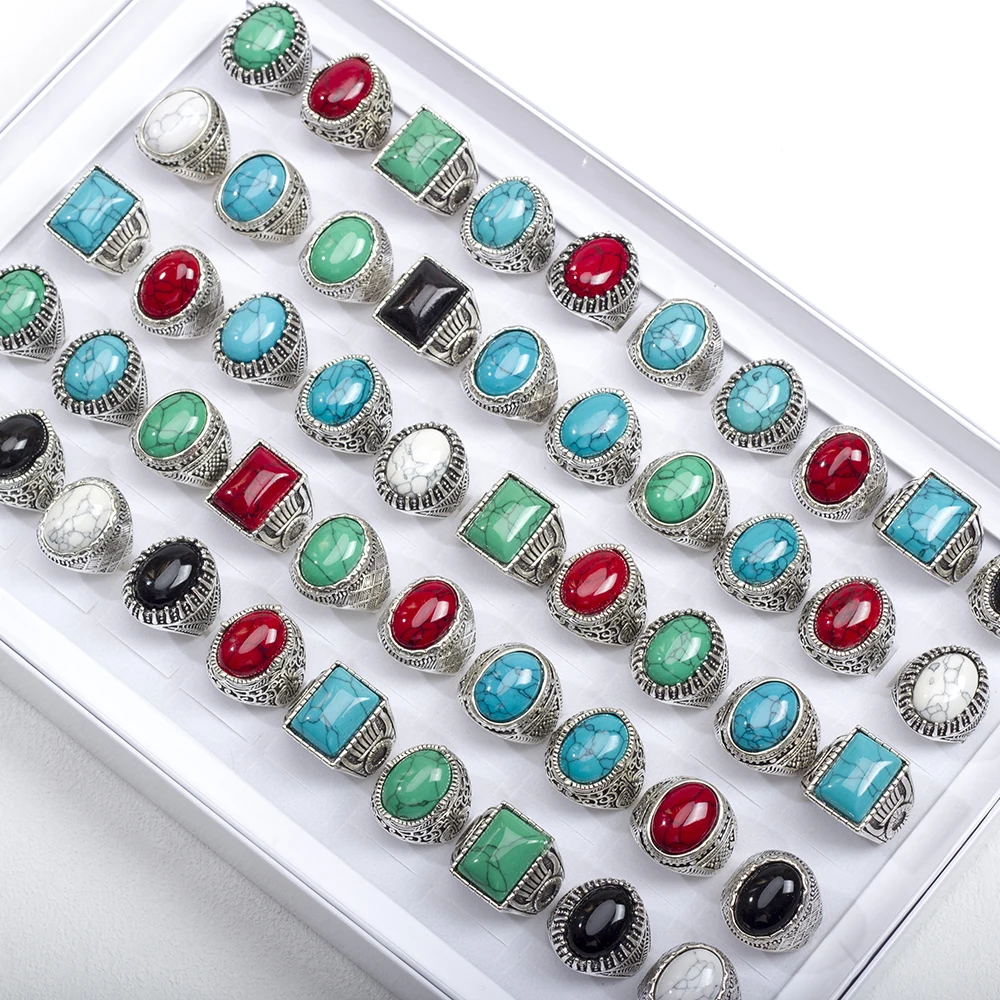 الجملة 30 قطعة/الوحدة خمر بوهيميا الهندسة الفيروز حجر خاتم للرجال النساء الاصبع العتيقة الفضة اللون مجوهرات هدايا الحفلات