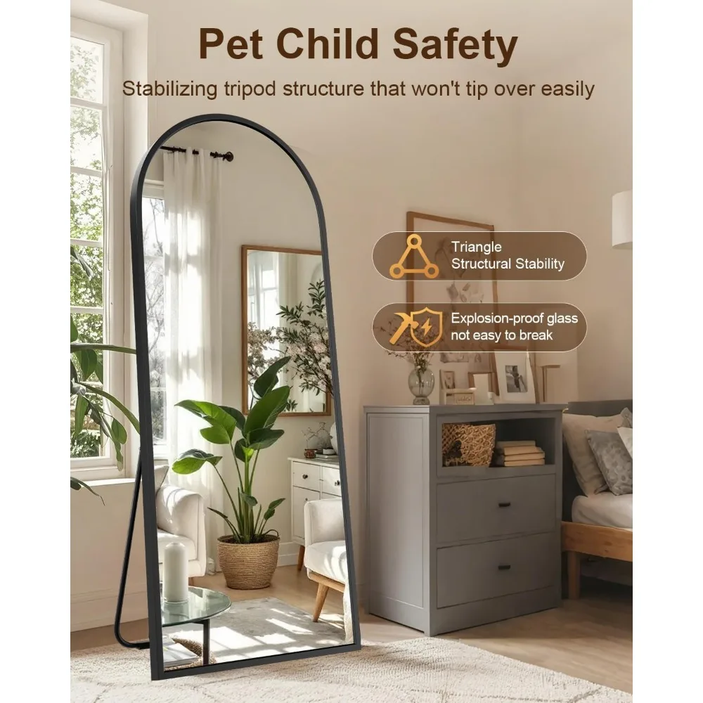 Miroir de sol arqué avec support, miroir pleine longueur 64x21, idéal pour les chambres et les salons, grand corps complet incliné ou suspendu