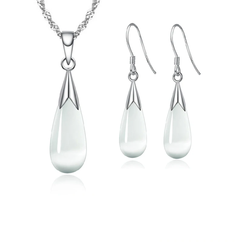 Pure 925 Sterling Silver Jewelry Set Simple White Pink Water Drop Opal Cat Eye Stones Pendant Necklace/Hook Earrings/Chain