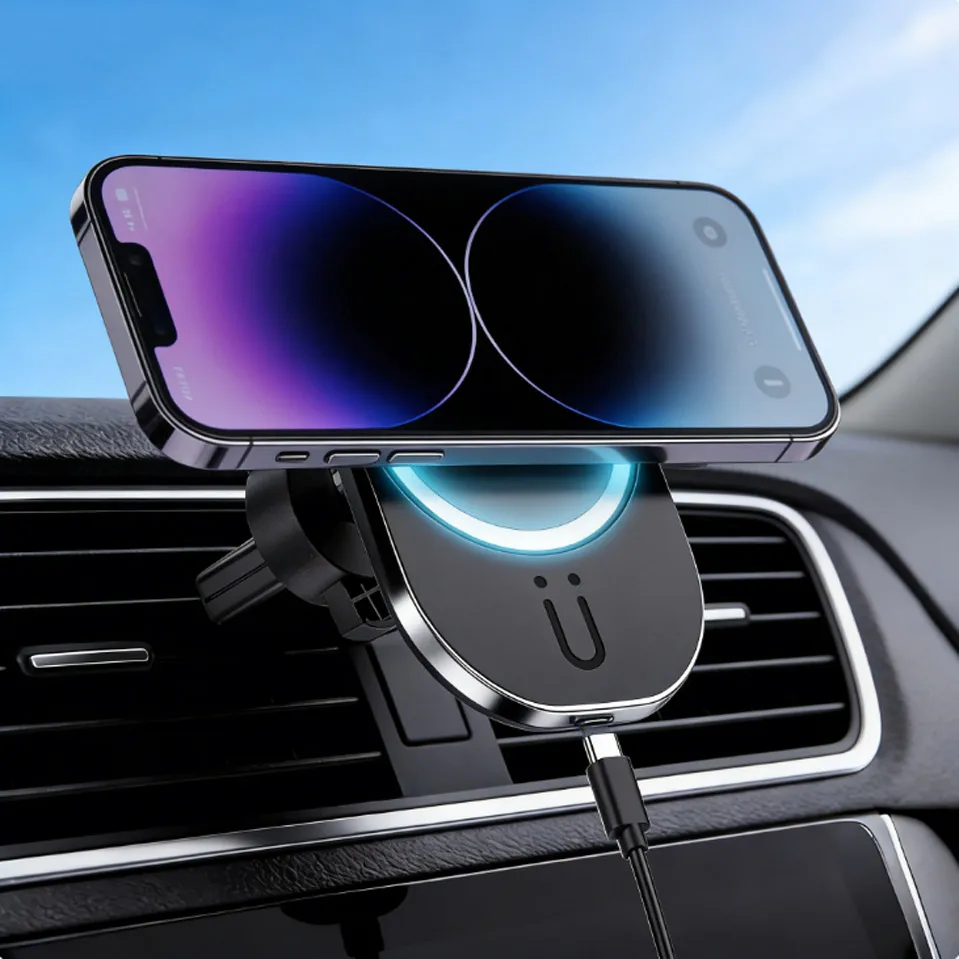 

Магнитное беспроводное зарядное устройство для автомобиля 100 Вт с держателем для телефона, вращение на 360° ° Вращающийся магнитный держатель для телефона на воздуховод автомобиля для iPhone серий 12-17