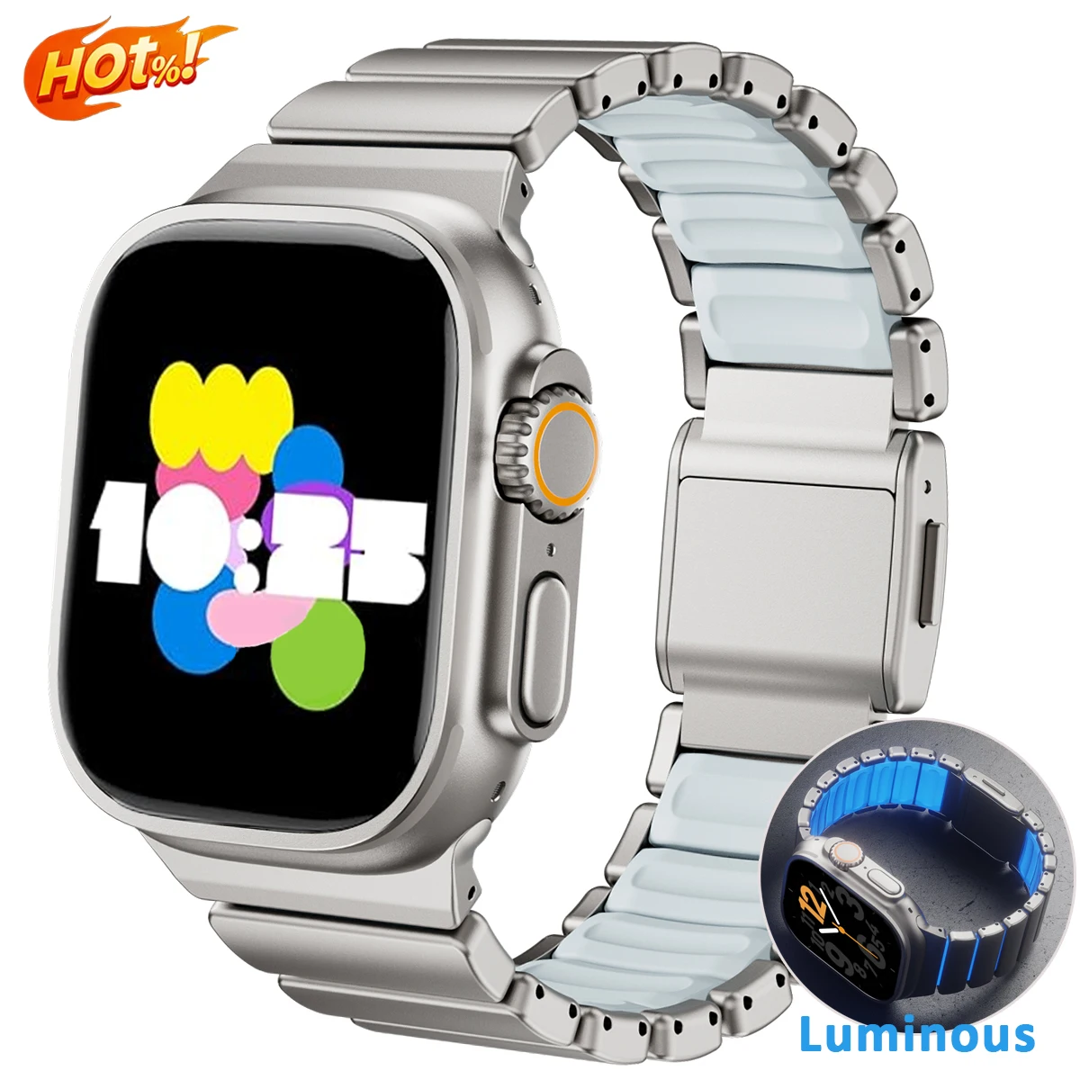 Titanium Metal Magnetic Strap for Apple Watch Ultra 3/2 49mm Series 11/10 46mm Luminous Silicone Band Iwatch 9 8 7 45mm SE3 44mm