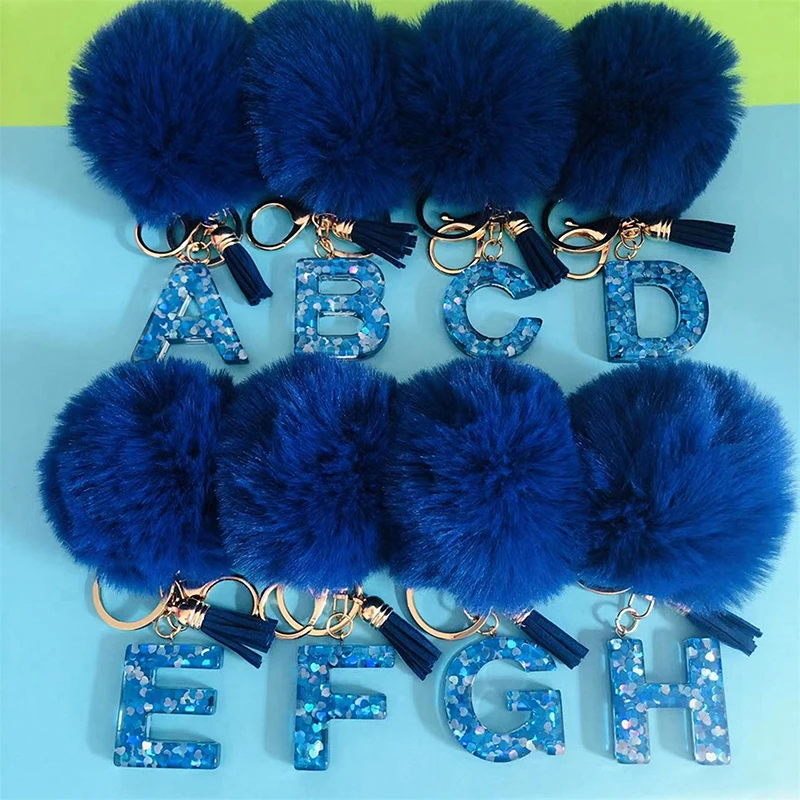 

Blue Letter Keychain Trendy Plush Pompom Tassel Keyring Backpack Bag Hanging Pendant Car Charms Gifts For Women Girls
