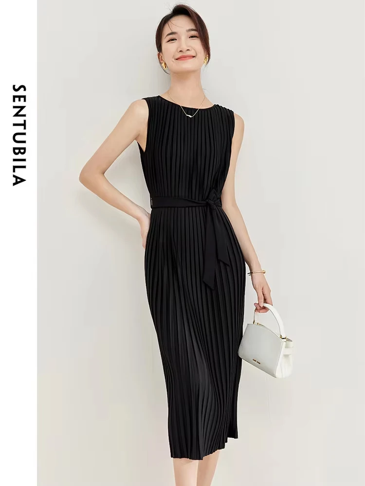 SENTUBILA Pleated Black Tank Dress Women 2024 Spring Knitted One-Piece O-Neck Female Simple New Lace-Up Belt Dresses 133L50657