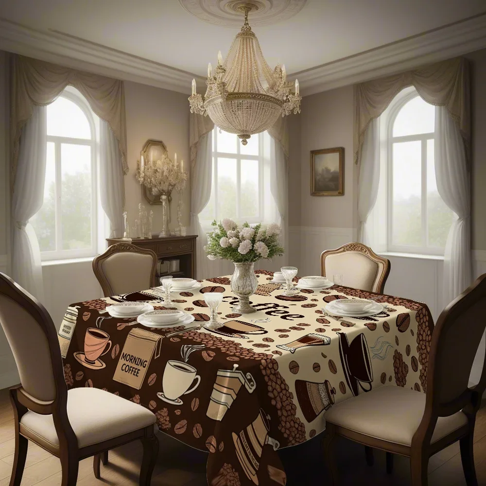 A square tablecloth made of polyester fabric with a 2D Flat design featuring coffee-related patterns.