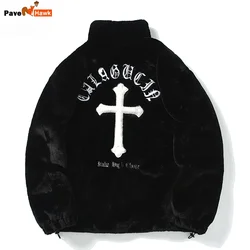 Mens Rabbit Fur Jacket Coats Hip Hop Cross Letters Winter Fleece Jacket Streetwear Casual Harajuku Coat Zip Up Fashion Outerwear