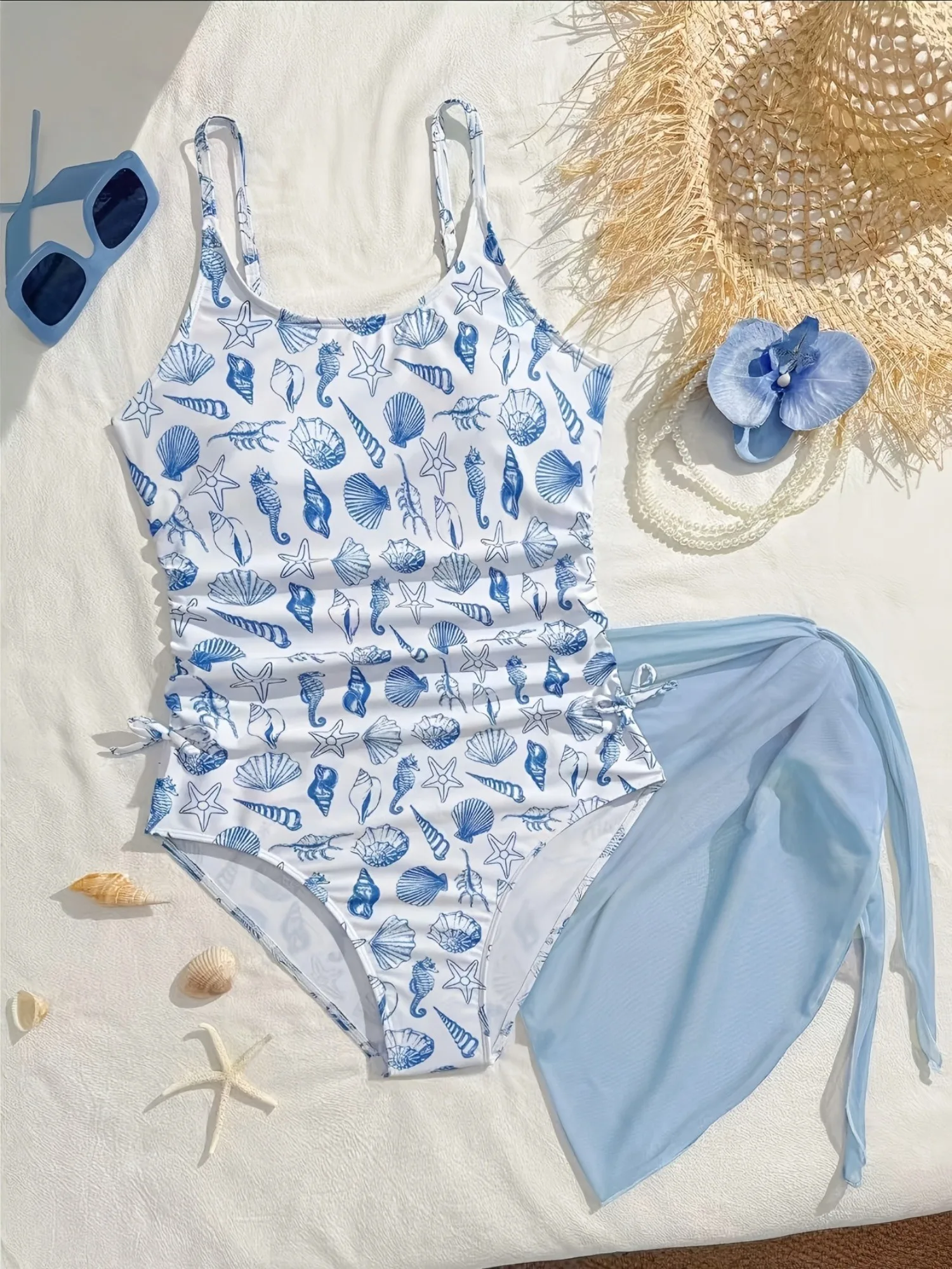 Maillot de bain deux pièces confortable pour filles, imprimé étoile de mer et coquillages, avec liens latéraux + paréo en maille pour la natation