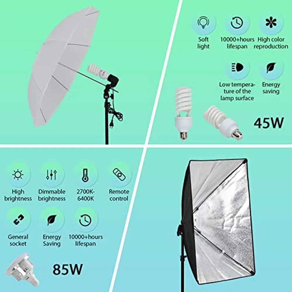 Photography Lighting kit with Backdrops 8.5ftx10ft Backdrop Stand 5 tripod stands and Bulb Umbrella Softbox Continuous