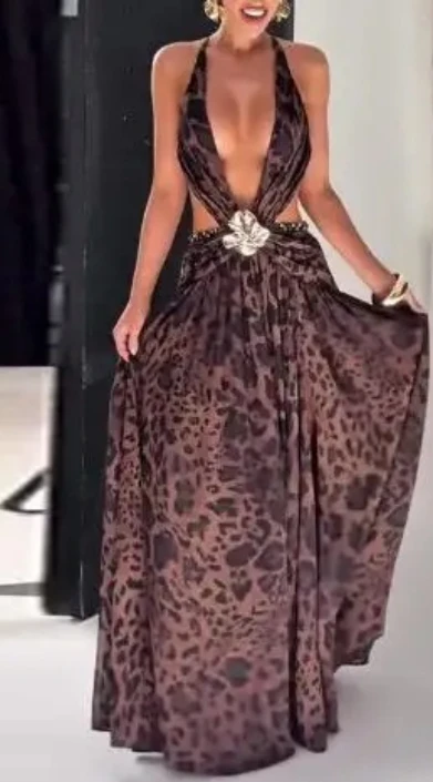 Abito estivo con decorazione floreale in metallo, vita cava, scollo a V profondo, abito sexy senza schienale con spacco, abito da festa da donna