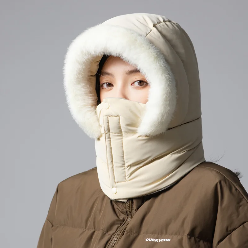Women Winter Trapper Hat Outdoor Windproof Warm Balaclava Ski Mask Scarf Integrated Hood Solid Color Face Cover Neck Warmer
